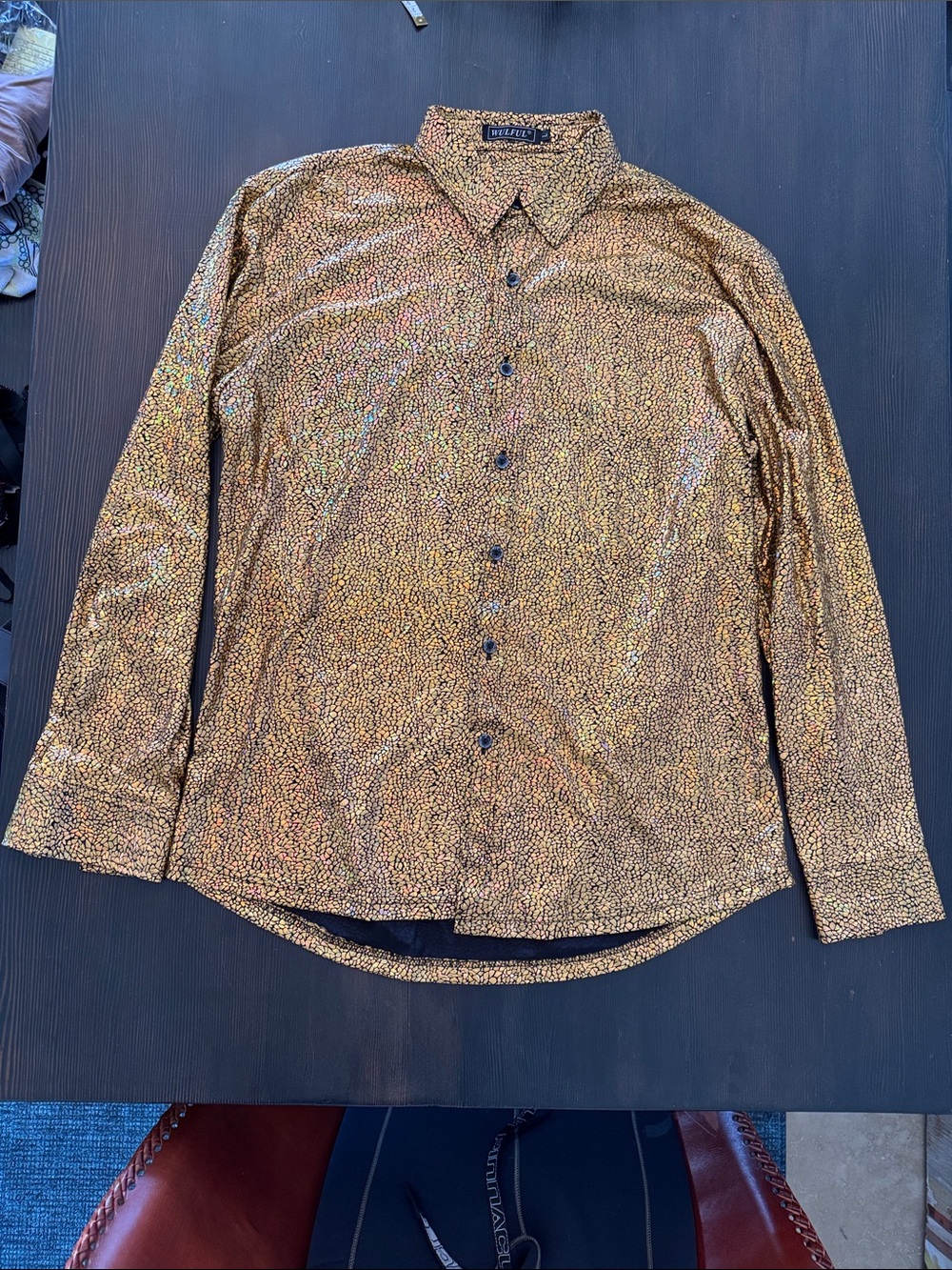 Men’s Metallic Gold Speckle Button-Up Shirt- Great for Burning Man/Club